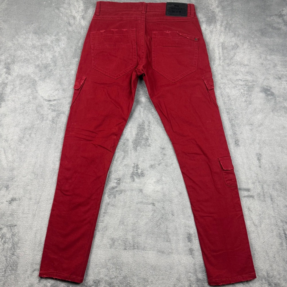 Smugglers Moon Mens Red Cargo Pants Zippers Distressed Utility Slim Fit 34x32 - Picture 8 of 9